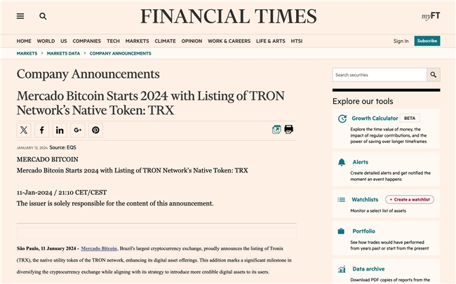 权威外媒聚焦：波场TRON原生代币TRX上线巴西最大合规加密交易所Mercado Bitcoin  第1张