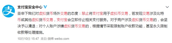 支付宝禁止用于虚拟币交易 违反将停止服务